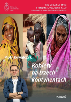 W trzech kolumnach widzimy zdjęcia ciemnoskórych kobiet w różnym wieku w barwnych szatach. Po lewej młoda uśmiechnięta kobieta w żółtej szacie przykrywającej głowę, po środku młoda dziewczyna z dzieckiem na ręku, po prawej starsza kobieta z widocznymi zmarszczkami na twarzy, spuszczonym wzrokiem i różowej chuście.