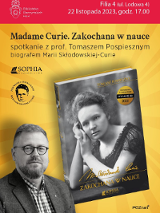 fotografia autora książki, Tomasza Pospiesznego, po prawej stronie i nieco powyżej okładka książki z czarno-białą fotografią młodej noblistki w czarnej sukni z koronkowymi rękawami