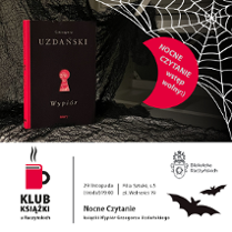Na czarno-białym tle przypominającym pajęczyny stoi książka Grzegorza Uzdańskiego pod tytułem Wypiór. Na czarnej okładce otwór w kształcie dziurki od klucza w kolorze czerwonym, przez którą widać rysunek męskiej twarzy. Po prawej malinowy półksiężyc. U dołu obrazka informacje o spotkaniu oraz logotyp klubu książki, czerwony kubek przypominający książkę. Z kubka unosi się para.