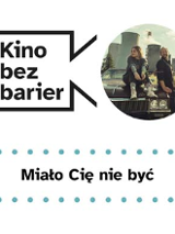 Grafika przedstawia logo Kina bez barier na białym tle i kadr z filmu w okręgu. Kadr przedstawia kobietę siedzącą na masce samochodu i mężczyznę, który się o niego opiera.