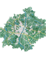 Mapa Poznania z wyszczególnionymi dzielnicami miasta i pobliskimi miejscowościami. Dominuje kolor zielony, pojawiają się także niebieskie smugi oznaczające rzeki, wodne akweny.