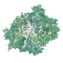 Mapa Poznania z wyszczególnionymi dzielnicami miasta i pobliskimi miejscowościami. Dominuje kolor zielony, pojawiają się także niebieskie smugi oznaczające rzeki, wodne akweny.