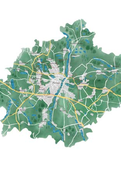 Mapa Poznania z wyszczególnionymi dzielnicami miasta i pobliskimi miejscowościami. Dominuje kolor zielony, pojawiają się także niebieskie smugi oznaczające rzeki, wodne akweny.