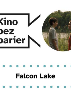 Grafika przedstawia logo Kina bez barier na białym tle i kadr z filmu w okręgu. Kadr przedstawia dwójkę nastolatków patrzących na siebie. W tle jezioro i drzewa. Poniżej duży czarny tytuł "Falcon Lake" pomiędzy rzędami zielonych kropek.
