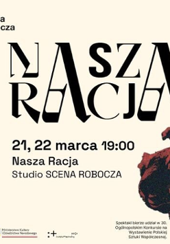 logo Sceny Roboczej, duzy czarny tytul przedstawienia na jasnym tle