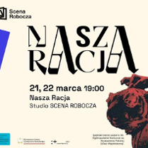 logo Sceny Roboczej, duzy czarny tytul przedstawienia na jasnym tle