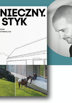 Obrazek do wydarzenia zawiera zdjęcie architekta i okładkę książki. Na okładce widać między innymi szkic dachu domu, fragment betonowego budynku, przy którym siedzi człowiek, trzymający za uzdę konia, widać też zielony trawnik i samochód.