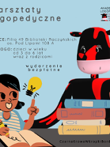 Obrazek do wydarzenia przedstawia rysunek uśmiechniętej dziewczynki, która pisze coś w zeszycie i wpada na pomysł, co sygnalizuje rozświetlona obok żarówka. Obok niej widnieje czarna krowa w kropki bordo oraz stosik książek.