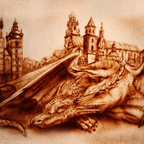 spiący smok na tle Wawelu w kolorach piasku