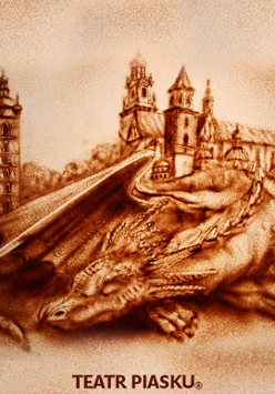 spiący smok na tle Wawelu w kolorach piasku