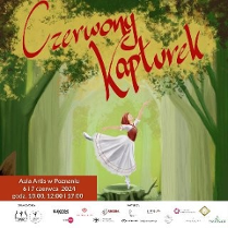 dziewczynka w czerwonej czapeczce w pozycji baletowej na tle zielonego lasu