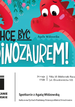 fragment okładki książki na której uśmiecha się czerwony dinozaur