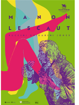 na zielono-zółto-niebieskim tle tytuł spektaklu, nazwiska twórców i logotyp teatru. Na pierwszym planie widoczne nogi leżącej kobiety w kolorze czerwonym i postać mężczyny, który je całuje.