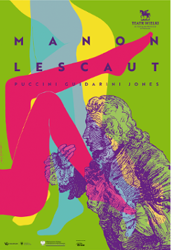 na zielono-zółto-niebieskim tle tytuł spektaklu, nazwiska twórców i logotyp teatru. Na pierwszym planie widoczne nogi leżącej kobiety w kolorze czerwonym i postać mężczyny, który je całuje.