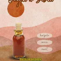 narysowana buteleczka z olejkiem na pastelowobrązowym tle