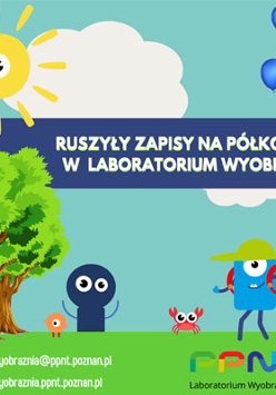Kolorowa grafika dekoracyjna z informacją o ruszeniu zapisów na półkolonie.