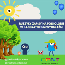 Kolorowa grafika dekoracyjna z informacją o ruszeniu zapisów na półkolonie.