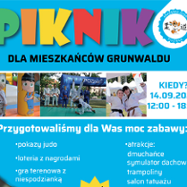 Plakat z informacjami o wydarzeniu (nazwa, data i atrakcje). W środkowej części zdjęcie z pokazu judo: zawodnicy walczą na macie. Z tyłu obserwują ich widzowie.