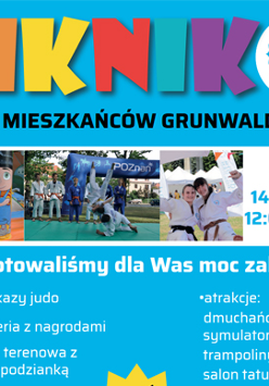 Plakat z informacjami o wydarzeniu (nazwa, data i atrakcje). W środkowej części zdjęcie z pokazu judo: zawodnicy walczą na macie. Z tyłu obserwują ich widzowie.