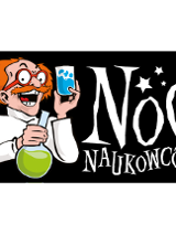 Naukowiec z wąsami i w okularach z naczyniami chemicznymi."Noc naukowców".
