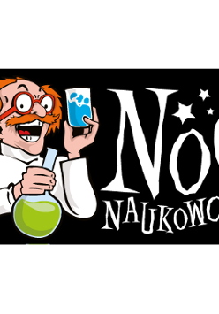 Naukowiec z wąsami i w okularach z naczyniami chemicznymi."Noc naukowców".