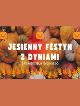 Różnokolorowe dynie. Na środku duży biały napis "Jesienny festyn z dyniami".