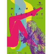 na zielono-zółto-niebieskim tle tytuł spektaklu, nazwiska twórców i logotyp teatru. Na pierwszym planie widoczne nogi leżącej kobiety w kolorze czerwonym i postać mężczyny, który je całuje.