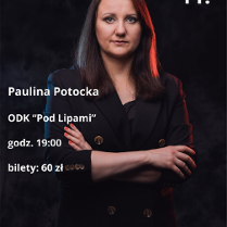 Zdjęcie artystki na czarnym tle. Białe napisy informujące o wydarzeniu.