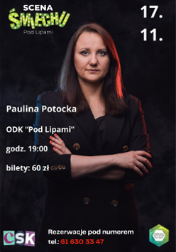 Zdjęcie artystki na czarnym tle. Białe napisy informujące o wydarzeniu.