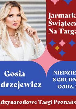 Na górze zdjęcie piosenkarki, białe napisy na czerwonym i niebieskim tle informujące o wydarzeniu.