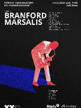 Czerwona sylwetka mężczyzny grającego na saksofonie. Napisy informujące o wydarzeniu.