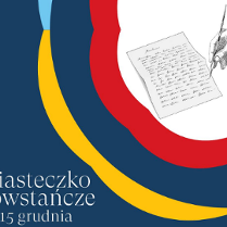 Plakat promujący warsztaty kaligrafii w Miasteczku Powstańczym. W narożniku rysunek kartki z równym pismem, nad nią pióro trzymane w dłoni. Granatowe tło z czerwonymi, żółto-niebieskimi wstęgami.