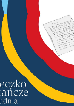 Plakat promujący warsztaty kaligrafii w Miasteczku Powstańczym. W narożniku rysunek kartki z równym pismem, nad nią pióro trzymane w dłoni. Granatowe tło z czerwonymi, żółto-niebieskimi wstęgami.