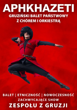 Czarnowłosa postać w czerwonym kimonie w trakcie wykonywania figury tanecznej. Białe napisy na czerwonym tle informujące o wydarzeniu.