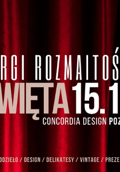 Na bordowym tle imitującym kurtynę białe napisy informujące o wydarzeniu.