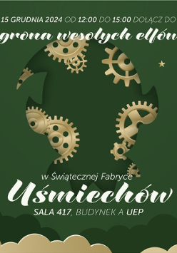 Na zielonym tle żółty budynek Uniwersytetu Ekonomicznego, gwiazdki i młyńskie koło. Białe napisy informujące o wydarzeniu.