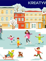 Dzieci na łyżwach i sankach bawią się na śniegu. W tle kamienice.