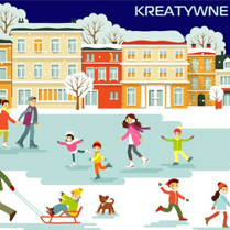 Dzieci na łyżwach i sankach bawią się na śniegu. W tle kamienice.