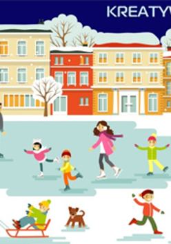 Dzieci na łyżwach i sankach bawią się na śniegu. W tle kamienice.