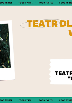 Kukiełki biorące udział w spektaklu po lewej stronie. Po prawej stronie napisy informujące o wydarzeniu.