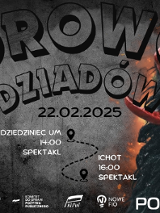 Plakat utrzymany w ciemnej kolorystyce, z napisami informującymi o wydarzeniu. Po prawej i lewej stronie kolorowe maski symbolizujące postacie "dziadów".