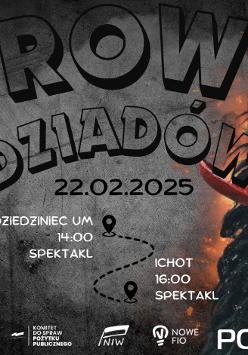 Plakat utrzymany w ciemnej kolorystyce, z napisami informującymi o wydarzeniu. Po prawej i lewej stronie kolorowe maski symbolizujące postacie "dziadów".