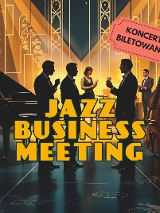 Grupa osób elegancko ubranych, które stoją pomiędzy dużym czarnym fortepianem i saksofonem, napisy informujące o wydarzeniu.