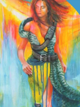 Sylwetka kobiety na kolorowym tle.