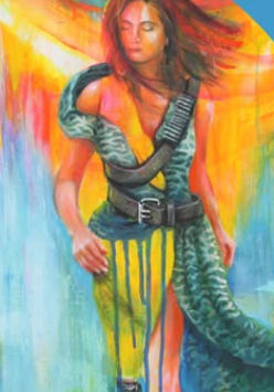 Sylwetka kobiety na kolorowym tle.