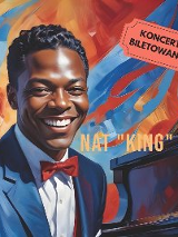 Czarnoskóry mężczyzna w granatowym garniturze uśmiecha się do zdjęcia. Na kolorowym tle widać żółty napis "Nat King Cole".