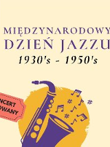 Niebiesko-granatowy napis z tytułem wydarzenia na bladym, żółtym tle. Pod spodem fioletowy saksofon i odchodzące od niego nutki.