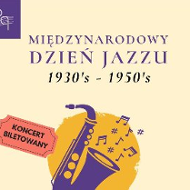 Niebiesko-granatowy napis z tytułem wydarzenia na bladym, żółtym tle. Pod spodem fioletowy saksofon i odchodzące od niego nutki.