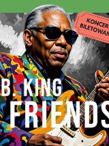 Grafika ciemnoskórego artysty w słonecznych okularach, który trzyma w rękach gitarę. Napis B.B. King Again!, koncert biletowany.