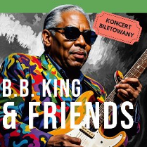 Grafika ciemnoskórego artysty w słonecznych okularach, który trzyma w rękach gitarę. Napis B.B. King Again!, koncert biletowany.